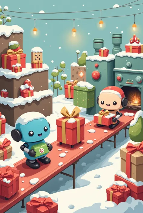 Cute fantasy art, Christmas presents being packed, Christmas presents being brought in on a conveyer belt, cute robots with round faces and square bodies working, factory scenes, fluffy picture book-like style in pastel colors,