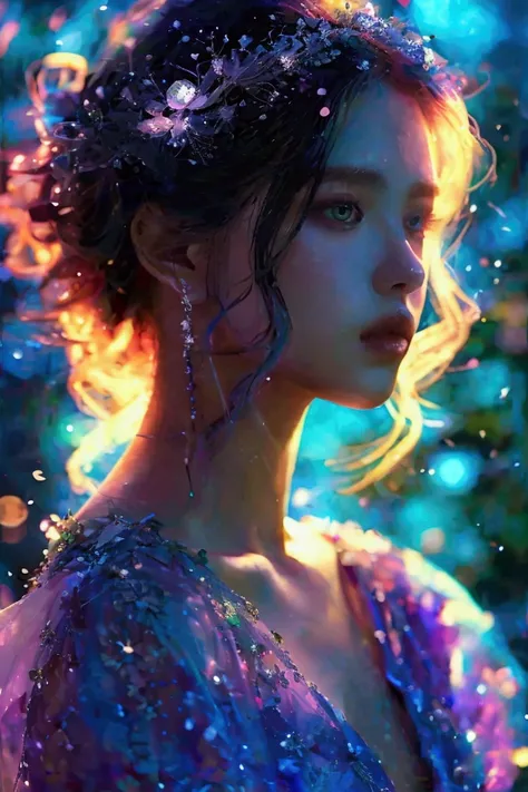 A full-body portrait of a woman in a moonlit garden, silk gown shifting colors, adorned with crystal-adorned midnight green hair.bare skin