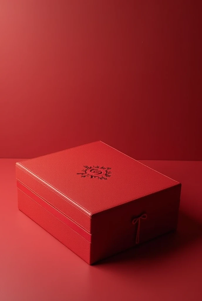 new year hamper box。Material： red textured semi-leather ； red sewing thread ， without buckles ； logo engraved on the cover and back box；size：280mm （内部size）x 202mm x 22mm / 10mm， border 5mm core 