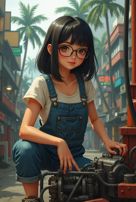 photorealistic, young teen girl, black hair, brown eyes, philippine, eyeglasses, sexy mechanics overalls, flat chest, converse barefoot, tropical city background