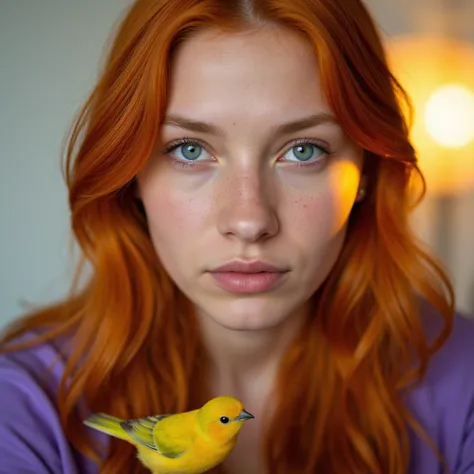 A mesmerizing close-up portrait of a gorgeous little bird illuminated by the soft, golden light of a tranquil morning, with vibrant bokeh balls gently framing its delicate form.The portrait captures a 20-year-old Slavic woman with ethereal beauty. Her fair...