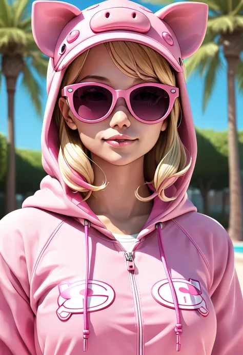 a whimsical  woman with blonde hair and wearing a pink pig hoodie  hat ,put in pink oakley sunglasses 3d render
