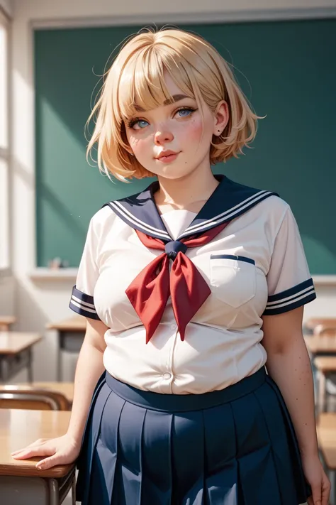 , blonde short hair, big mole under left eyes, freckles, chubby, school uniform