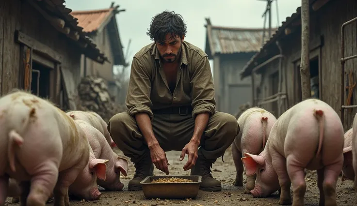 A 25-year-old man with torn clothes is dirty looking after pigs in the pigsty looking at the food of pigs wanting to eat 