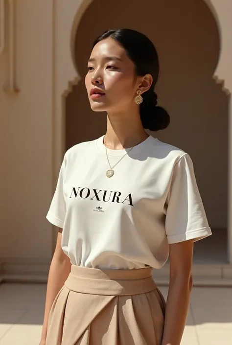  NOXURA logo image on the t-shirt of a model with an elegant concept,iconic ,  Islamic character , and many people like 