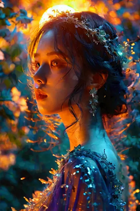 A full-body portrait of a woman in a moonlit garden, silk gown shifting colors, adorned with crystal-adorned midnight green hair.bare skin