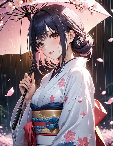 Cherry Blossom Snowstorm, (Rain of Petals:1.5), Shima Rin, Long-sleeved kimono,  Adult, Alluring, sunset, masterpiece:1.5, masterpiece, highest quality, UHD, retina, masterpiece, ccurate, anatomically correct, textured skin, super detail, high details, hig...