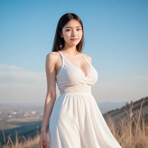 A portrait of a young Asian woman standing on a hilltop, wearing a flowing white maxi dress with delicate lace details. Her hair and dress move gently in the breeze, with a vast open sky in the background, evoking a dreamy atmosphere, (8k, RAW photo, best ...