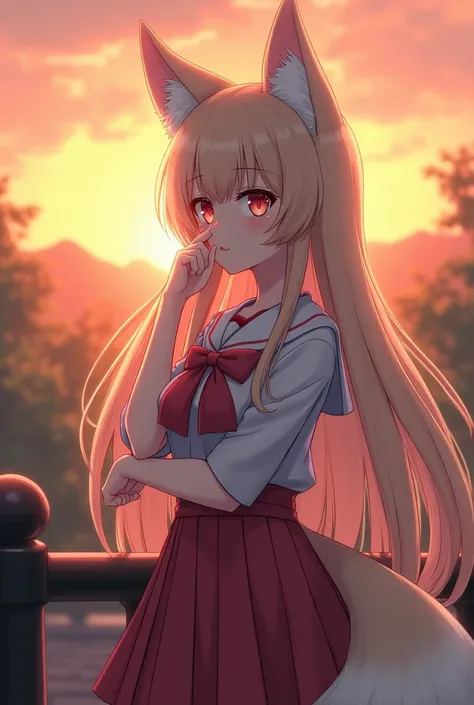 Anime nine-tailed fox girl with Japanese uniform have medium breast. She is raising hand to wipe tears in sunset. She is leaning her back on the railing