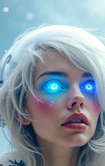 (Close-up of a better masterpiece:1.5)0.9], (Space and astronauts:1.2) (Messy silver hair:1.1) (Heterochromia xanthochromia and blue eyes:1.2) (Space Helmet:1.0) (Colored stars in the eyes:1.0) (A radiant glow:1.1) (thick lips:0.9)