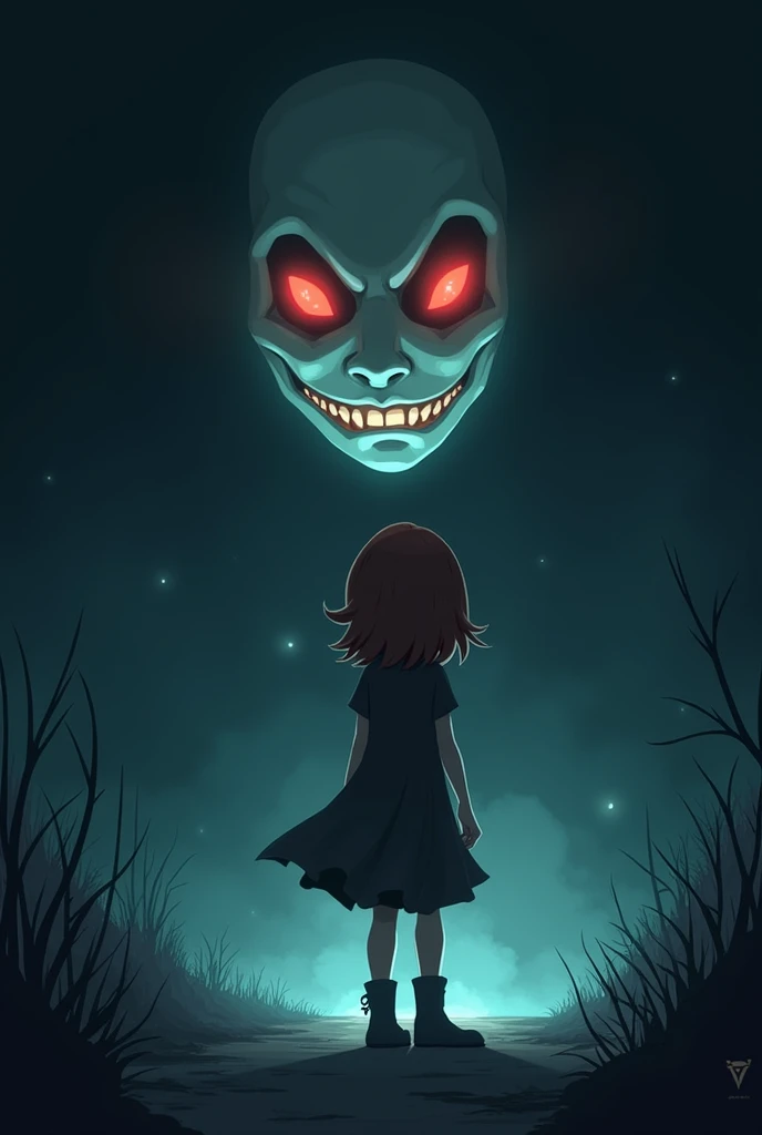 In the dark, a ghostly pale face with glowing red eyes and a sinister grin looms behind Trisha. Its expression is haunting but sorrowful.
All cartoon type image.