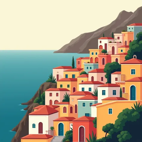 Minimalist artwork of Positano, a coastal town in Italy. Show colorful buildings with terracotta roofs spilling down a steep hill with the Tyrrhenian Sea in the background beneath a soft, pastel-colored sky. Include arched balconies, vibrant doors, and lus...