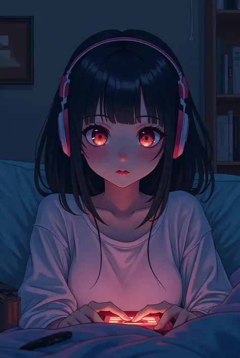  girl with headphones, Lo-fi,  2D anime style , cozy bedroom at night ,  dark atmosphere , Mood Lighting, Gentle colors,  detailed face ,  DETAILS EYES ,  detailed lips from home,  detailed hair, Detailed clothing, Cassette Tape, Laptop, Bookshelf, plant, ...