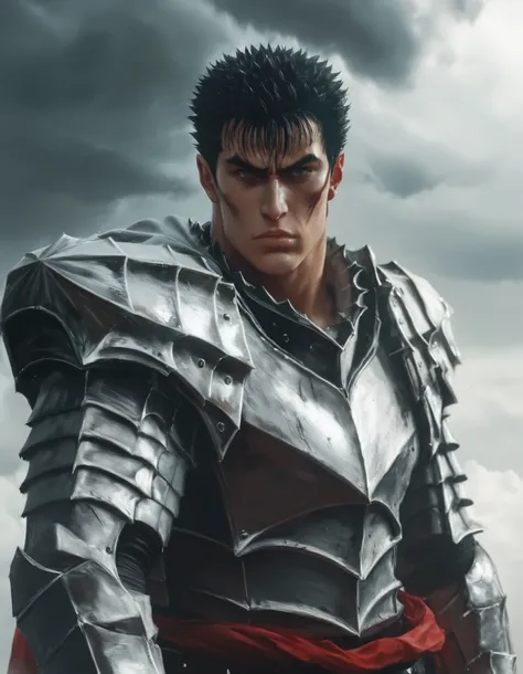 Guts (Berserk) digital painting in a dark fantasy setting, with a highly detailed and realistic portrayal, inspired by Kentaro Miura’s art style. The scene is set with a vertical layout, capturing Guts from the waist up, similar to the angle in the provide...