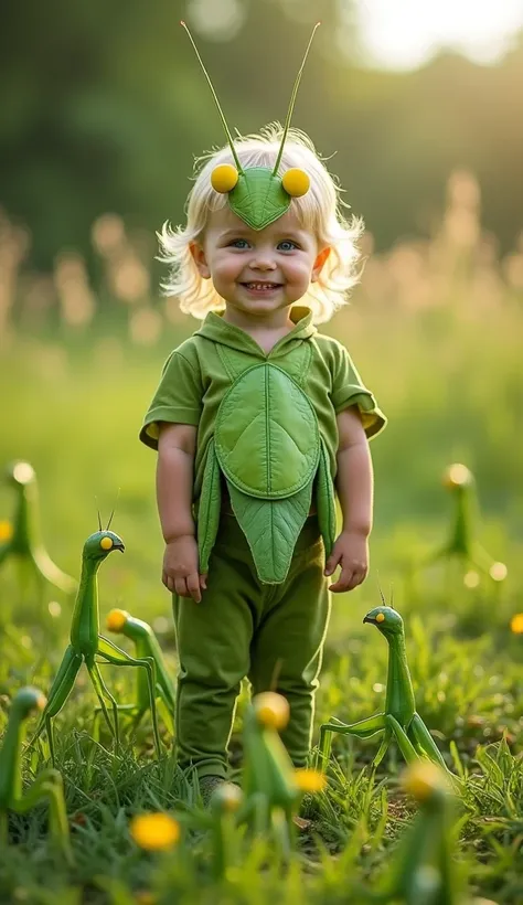  baby standing wearing a large realistic praying mantis costume、 real、Blonde、 blue eyes、 cute、smile、Like a photo、The background is bright grass 、There are lots of praying mantis s at their feet 