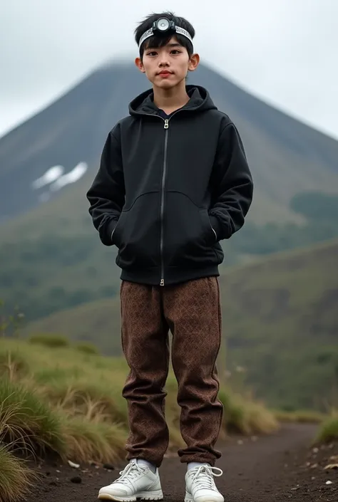 Real human. Photo, bodynfacung forward, Aziz is Indonesian young man, short straight black hair, white skin, black expressive eyes, medium body, wearing zipped up  black jacket, brown batik motive  pant,, white football shoes, head lamp on his head, standi...