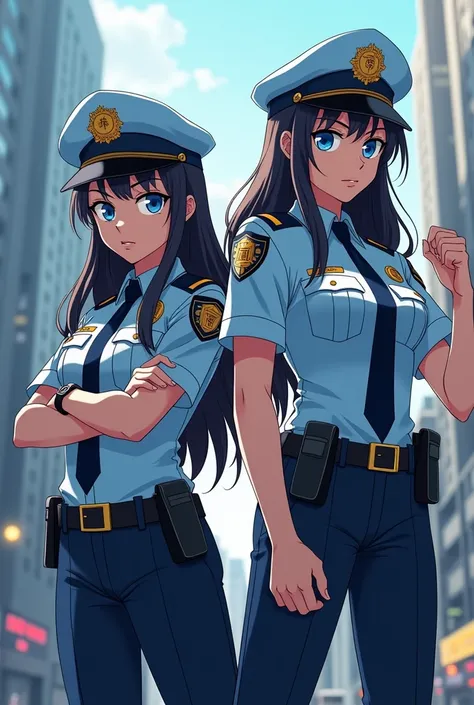 masterpiece, precise, Two female police officers，long hair, short hair,blue eyes, serious, cartoon,  Ultra HD,