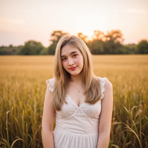 A portrait of a young Asian woman standing in a golden wheat field at sunset, wearing a soft beige sundress with ruffled details. She is accessorized with a straw hat, creating a warm, serene connection to nature, (8k, RAW photo, best quality, masterpiece:...