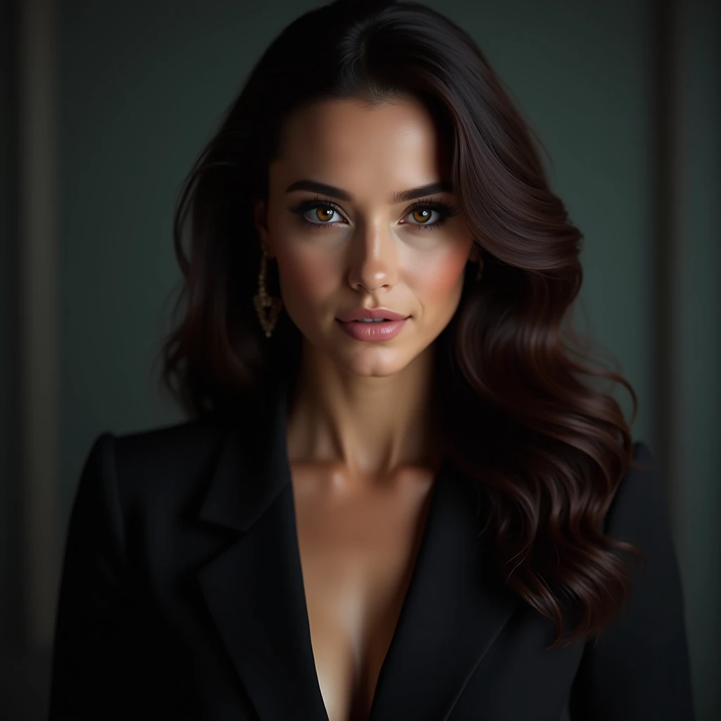 A beautiful woman, oval face, cascading waves of dark brown hair, hazel eyes, dressed in a sleek, dark suit, High Resolution, Accurate, Best Quality, Breasts, cinematic, semi-realistic, Cinematic Lighting, Surrealism