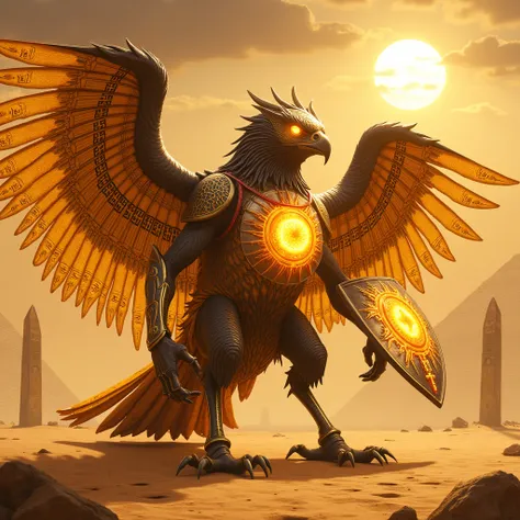 Egypt: The Solar Falcon Sentinel (Horus)
Hero Design:
A colossal falcon, inspired by the god Horus, with shimmering golden feathers interwoven with obsidian metal. Its wings are adorned with glowing hieroglyphic patterns, radiating solar energy. The eyes b...