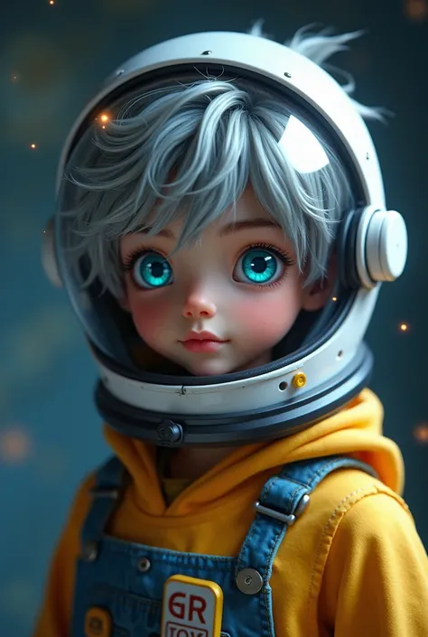 (Close-up of a better masterpiece:1.5)0.9], (Space and astronauts:1.2) (Messy silver hair:1.1) (Heterochromia xanthochromia and blue eyes:1.2) (Space Helmet:1.0) (Colored stars in the eyes:1.0) (A radiant glow:1.1) (thick lips:0.9)a boy wight hair and blac...