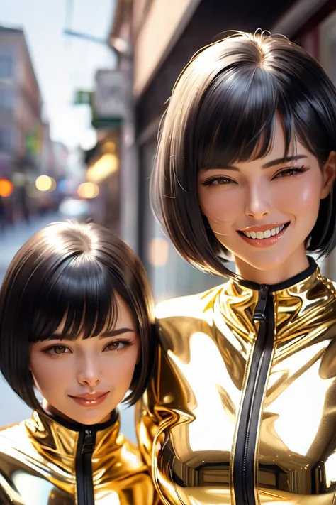  Mom and daughter ,  masterpiece,  black hair, Lens reflection, Reflected light, in extremely tight shiny metallic sweat jacket,  high resolution , portrait, bob cut, Are in town, Grin, Make-up, gold lips