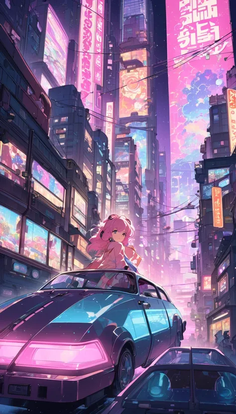 A stylized 1980s anime-inspired illustration of a young woman wearing large headphones, sitting by a window overlooking a vibrant Tokyo-inspired city skyline at night. The cityscape features towering skyscrapers, glowing billboards, and intricate details o...