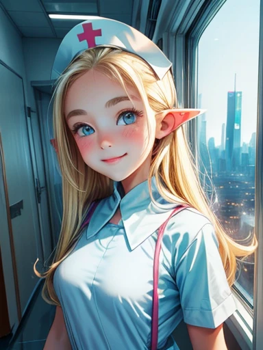  Play), (masterpiece,  best quality ), (( Upper body of one girl )), (( long pointed ears )), ((( cute baby face ,  so cute１２ year old girl))), (Hospital room inside a spaceship ), ((Exposing Nurse Uniform )), Alone,  perfect body for a lawn, ( anatomicall...