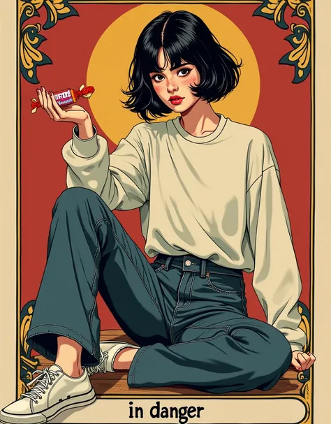 masterpiece,  Tarot Aesthetics , tarot  vintage line-art  vintage aesthetics,  Seductive Teenage Divas ,  Oversized Sweatshirt , High Waist Dark Wash Flare Jeans,  sneakers,, In Danger ,  Melancholy Poses ,  vintage,  Sexy and Curious ,  vintage line-art a...