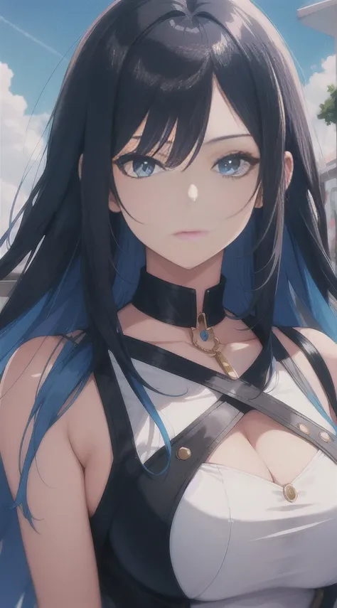  high resolution, masterpiece,  ultra high definition ,  very detailed , Quality,  Top Quality, 1 adult female, Long hair, chest, mature,  blue hair/Shopping Hair , Sky blue eyes, Expressionless,  pretty face