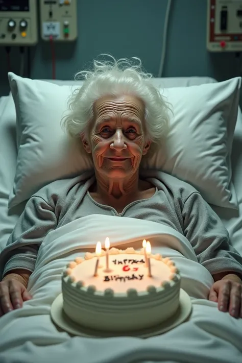  A very old 165-year-old woman lying on the hospital bed with a white cake, Written happy birthday and written on top of the cake written 165 .