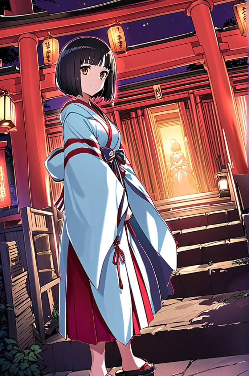 girl, shrine maiden clothes,  black hair,  short bob, late night, torii, shrine, charm,  darkness, ghost story