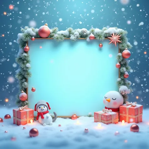 Gradient blue background, christmas theme, snow around the screen, -friendly decorations with details that fit for a e-commerce product thumbnail, keep the left middle and right middle clean to put details in later