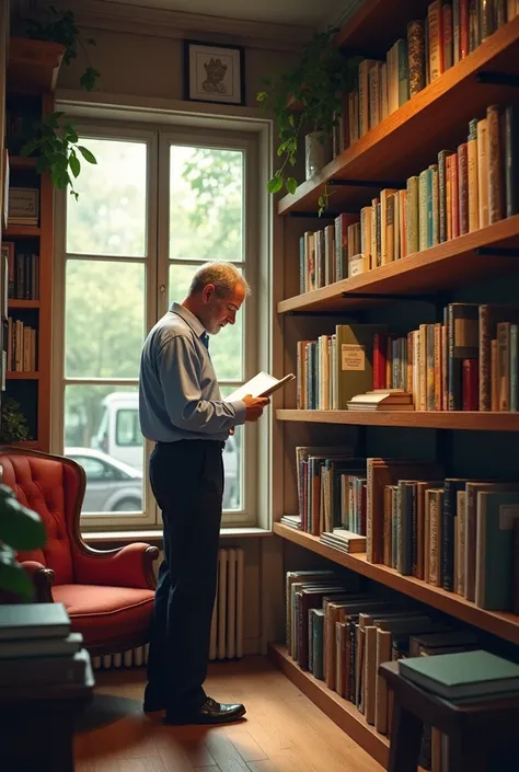 Middle aged man in bookshop 

