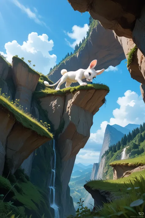 Image Prompt: A realistic, white rabbit with soft fur and alert ears, standing near the edge of a green cliff. Below, a natural-looking lion cub, golden with small spots, clings to the rocky ledge, its claws scraping for grip. The cliffside is covered in m...