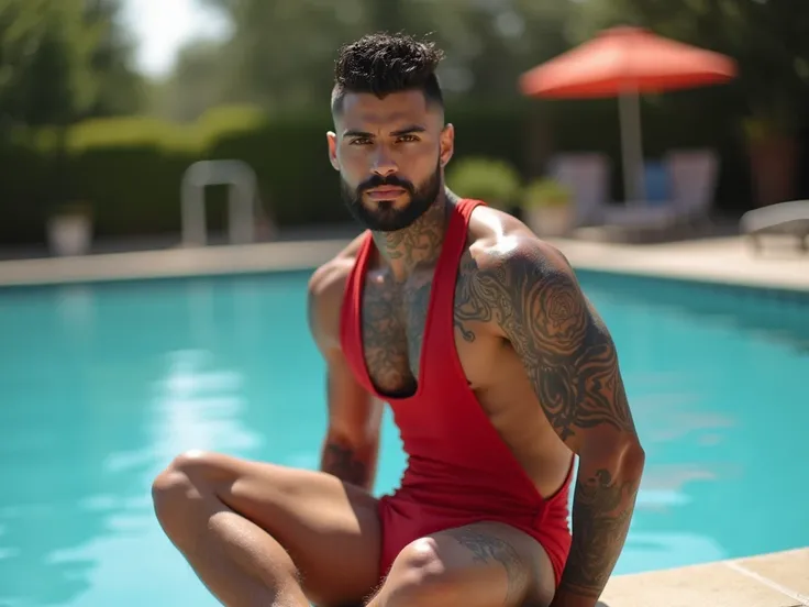  Latino man 24 years old ,muscular black high fade   ,beard ,delgado, light skin shiny texture , shiny thin lips , neck tattoos ,  Sitting on the edge of a pool wearing a red swimsuit ,It&#39;s daytime