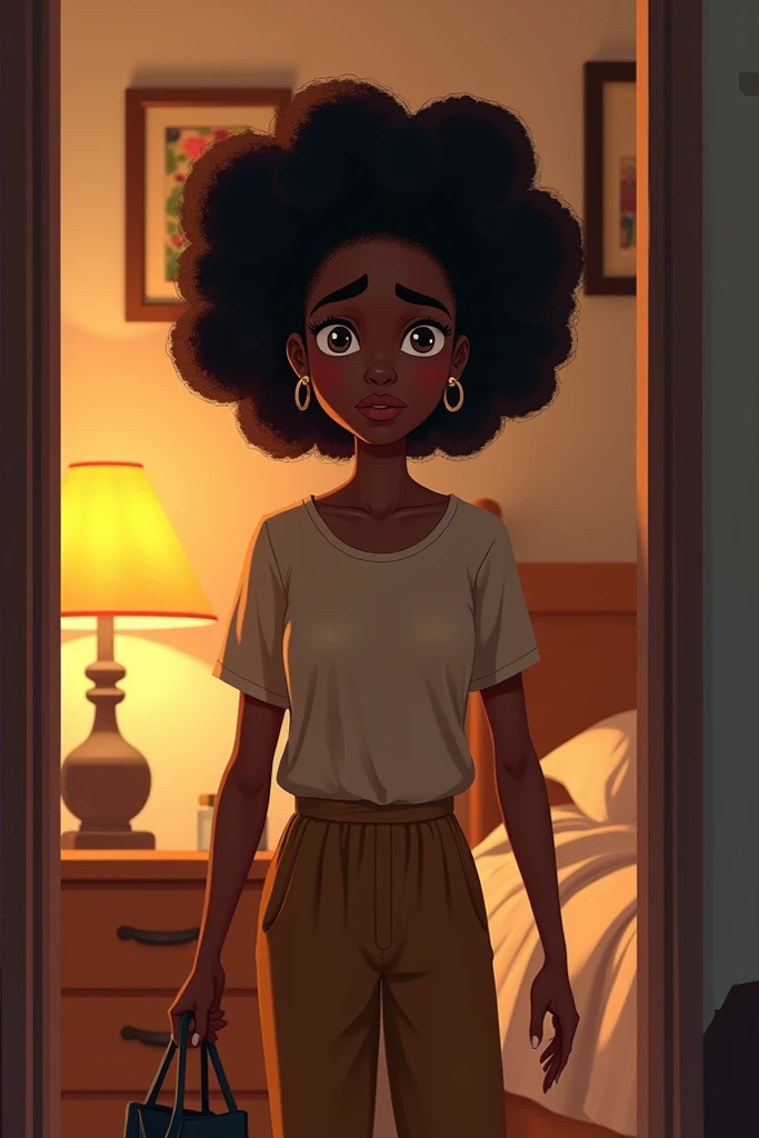 An African lady Kemi arriving: A concerned friend, Kemi, entering Aminas room with a serious but caring look, ready to help.
