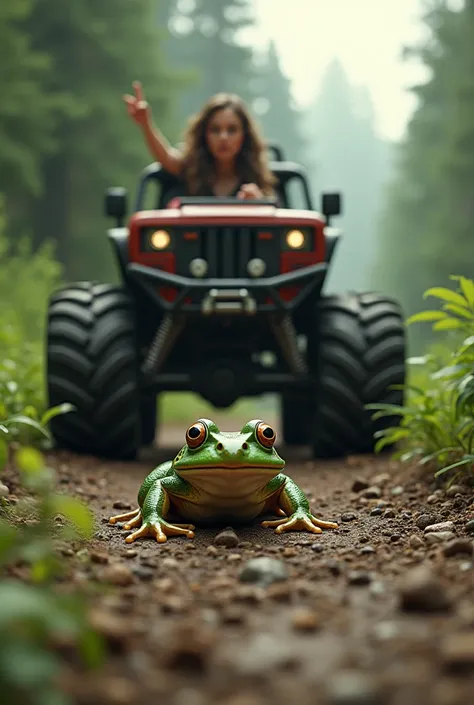 A woman runs over a frog with big tires 