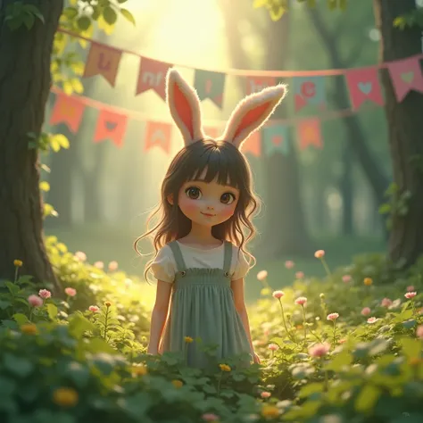 A cute girl with bunny ears in a forest, on the background a banner saying “UNF”. 
High Resolution, Cinematic, Realism, 