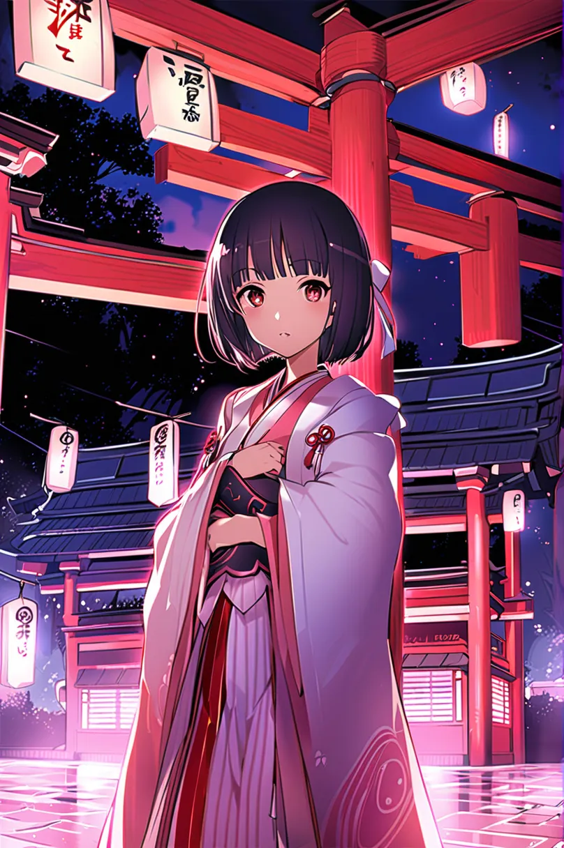 girl, shrine maiden clothes,  black hair,  short bob, late night, torii, shrine, charm,  darkness, ghost story