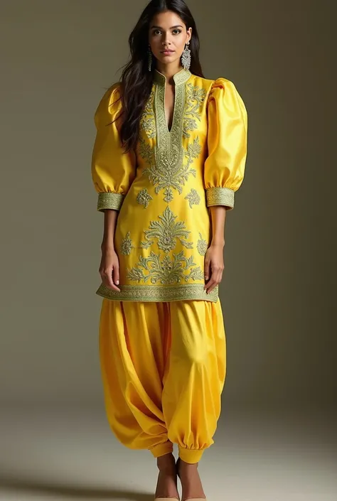 A skinny tall and striking woman exudes confidence and charm with a flirtatious expression. she is adorned in a stunning slimfit PUNJABI STYLE outfit featuring a yellow arabian shimmer satin foil fabric Chikankari green-on-green embroidery embellishments l...