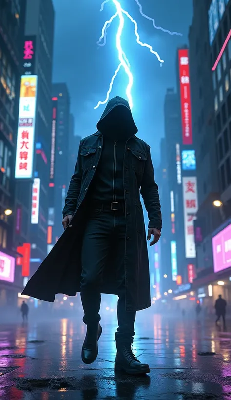 a cloaked man with black denim outfit and black leather boots emerging from a lightning strike in night city in cyberpunk style art with details and finesse in portrait mode