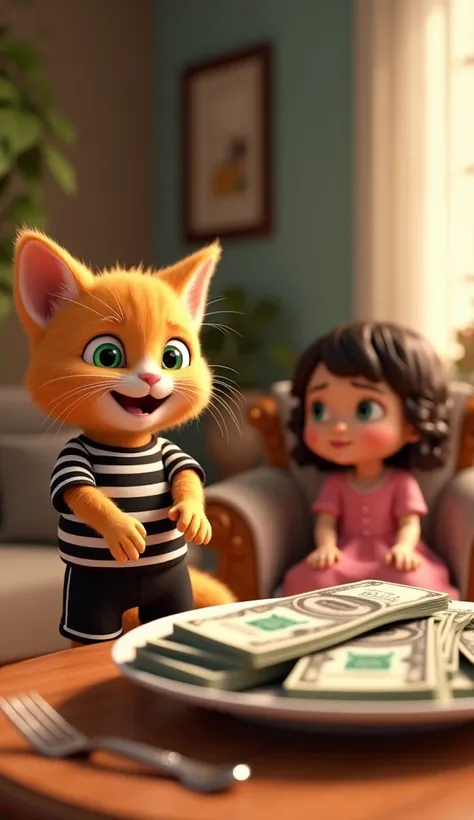 In cinematic 3D style ,HD image, realistic image ,colourful image.
Character, orange baby cat and green eyes wearing a black and white striped shirt and black and white striped shorts and very happy
Character,  lina girl wearing pink frock. 
Action,Inside ...