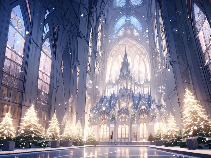 Beautiful and fantastic background with Christmas tree lights、 its snowing 、A beautiful building like a church、 no people