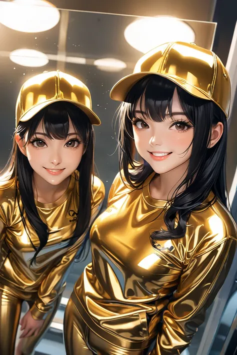 2 girls, In extremely tight shiny golden latex sweatshirt with baseball cap,  high resolution ,  masterpiece,  very long hair ,  black hair, Lens reflection, Reflected light, smile, Wide angle, 