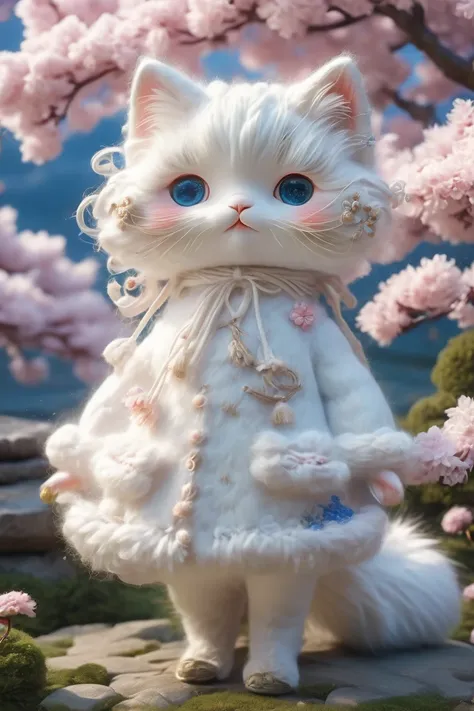 ultra realistic , digital fluffy white Siberian cat with blue detailed live reflective eyes as realistic as possible,stands on his hind legs at full height,  dressed in a traditional Japanese kimano in soft pink ,  walks through a Japanese park with pale p...