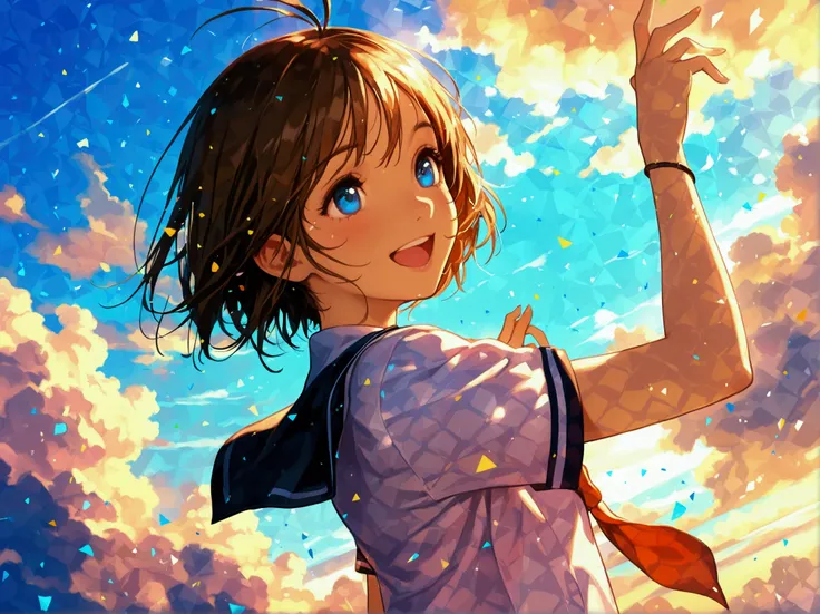 Pastel colors, Colorful, BREAK 1girl, solo, short hair, antenna hair, brown hair, blue eyes, open mouth, school uniform, serafuku, spread fingers, dutch angle, day, outstretched arms, smile, sky, skirt, outstretched hand, cloud, reaching
 ,masterpiece,best...