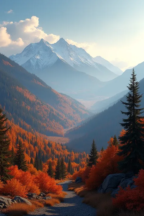 Long distance ,  high on a mountain ,  view of the forest mountain horizon in autumn in Quebec Canada,  snow solar lighting at the tip of the mountains , blue sky,  morning , vibrant colors