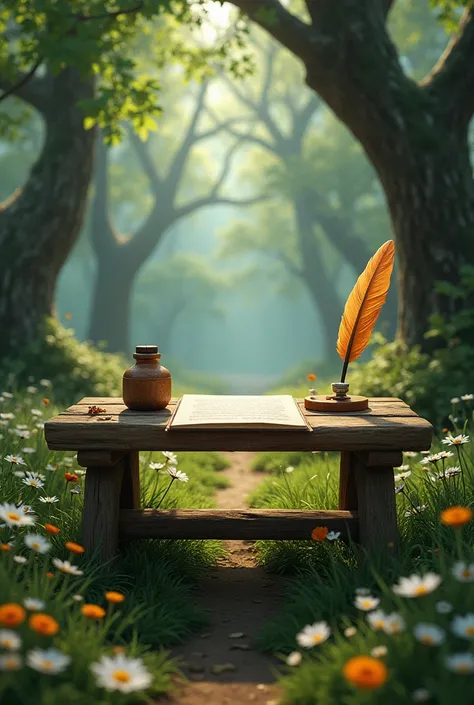 menu table and quill pen、in the forest、flower