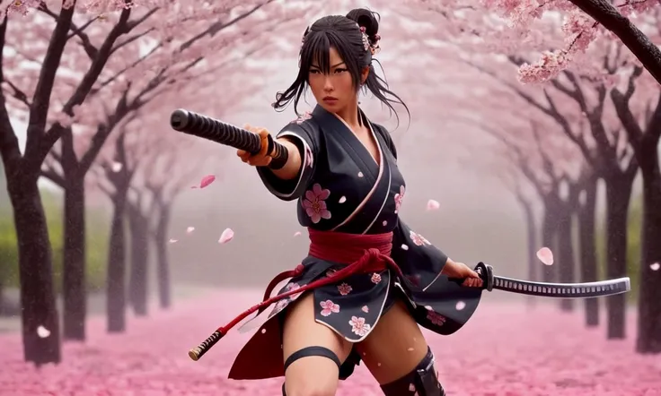 a cute sexy samurai (cute, age 25, battle hairstyle, sexy fighting robes legs exposed, katana) is in a fighting stance, she is practicing her weapon katas in a rain of cherry blossom petals, heavy rain of flower petals, many cherry blossom petals, show all...